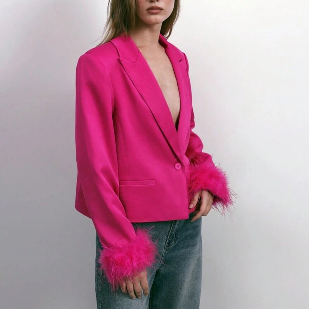 Vibrant Pink Blazer with Feather Cuffs - Picture 2 of 6